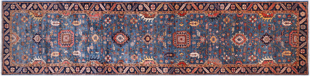 Blue 4' 2" X 19' 3" Runner Persian Heriz Serapi Hand-Knotted Wool Rug - Q25016