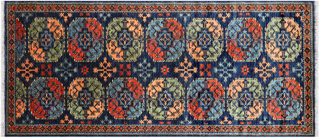 Blue 4' 3" X 9' 7" Runner Super Turkmen Ersari Hand Knotted Wool Rug - Q25020