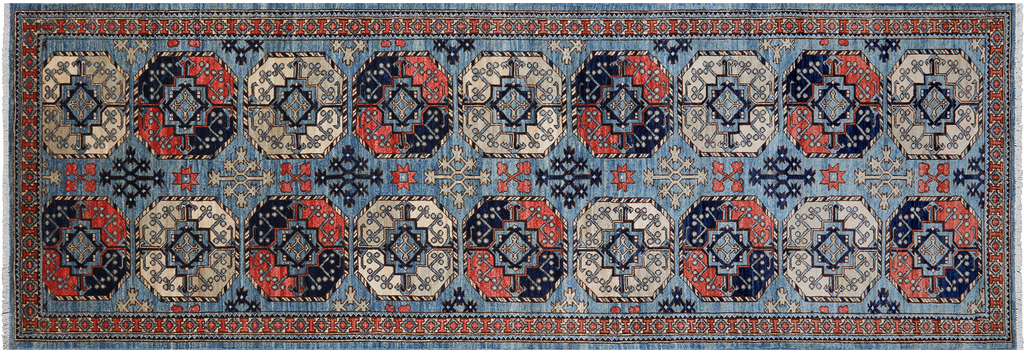 Blue 3' 11" X 11' 10" Runner Super Turkmen Ersari Handmade Wool Rug - Q25021