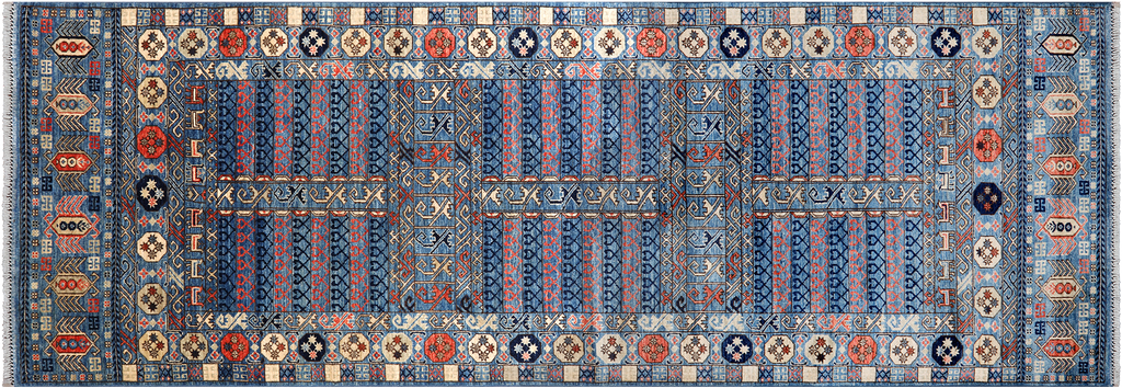 Blue 3' 11" X 11' 8" Runner Fine Turkmen Ersari Handmade Wool Rug - Q25022