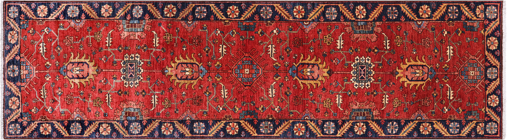 Red 3' 1" X 11' 9" Runner Persian Heriz Serapi Hand-Knotted Wool Rug - Q25065