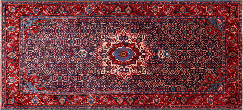 Navy Blue 4' 8" X 10' 7" Vintage Persian Heriz Serapi Handmade Wool Rug - Q25076