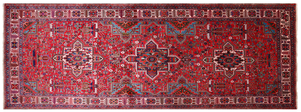 Red 4' 11" X 12' 9" Vintage Persian Heriz Serapi Hand Knotted Wool Rug - Q25077