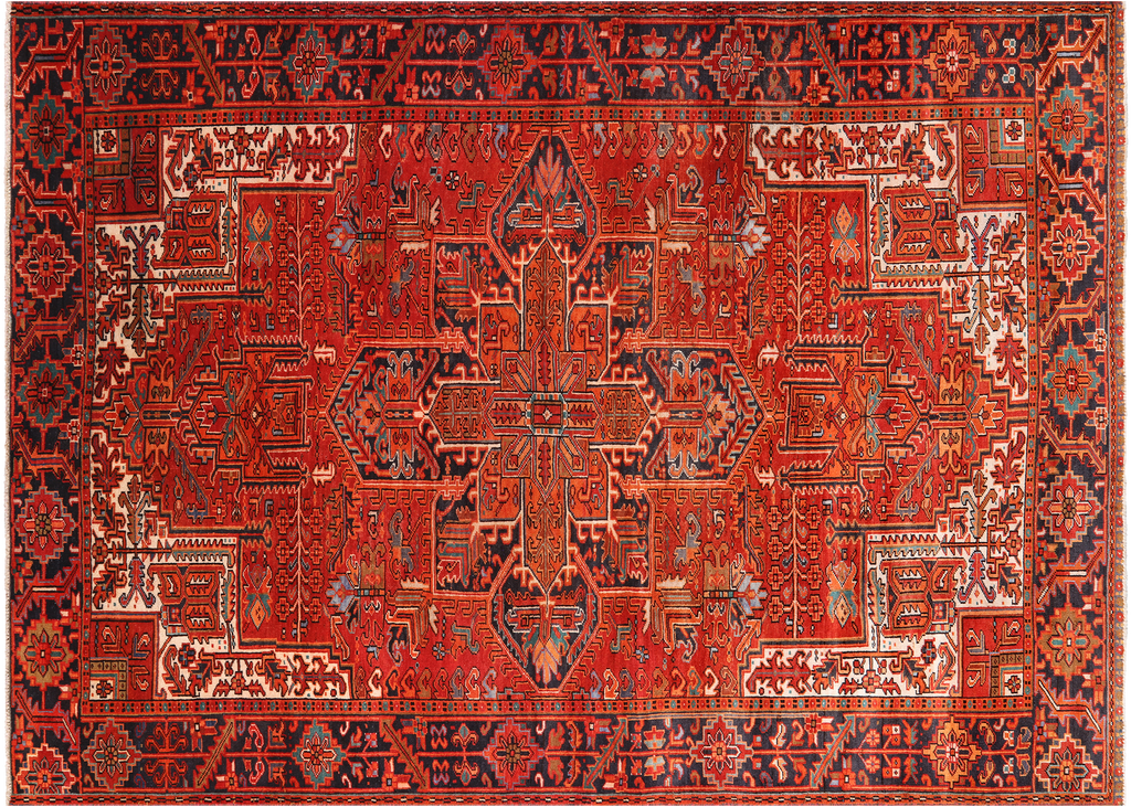 Red 7' 9" X 10' 11" Vintage Persian Heriz Serapi Hand-Knotted Wool Rug - Q25078
