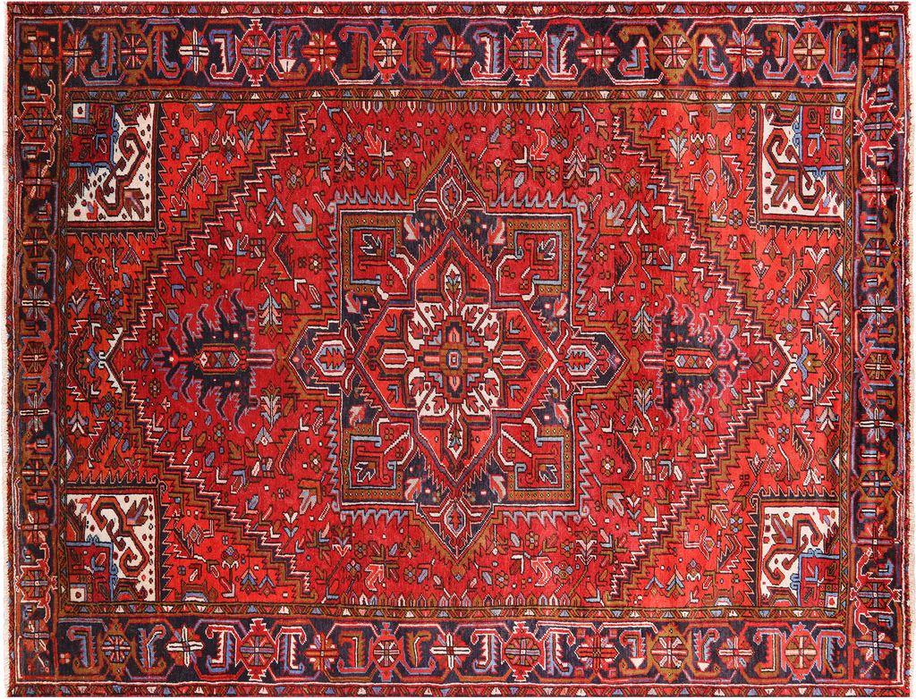 Red 8' 0" X 10' 6" Vintage Persian Heriz Serapi Hand-Knotted Wool Rug - Q25079