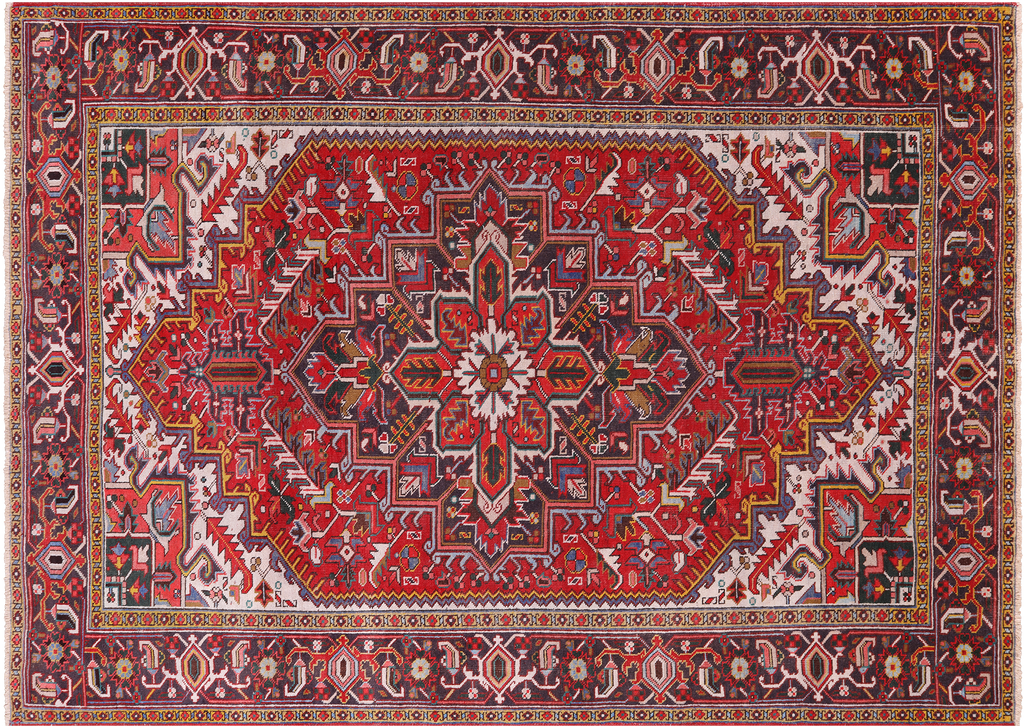 Red 7' 8" X 10' 10" Vintage Persian Heriz Serapi Hand Knotted Wool Rug - Q25080