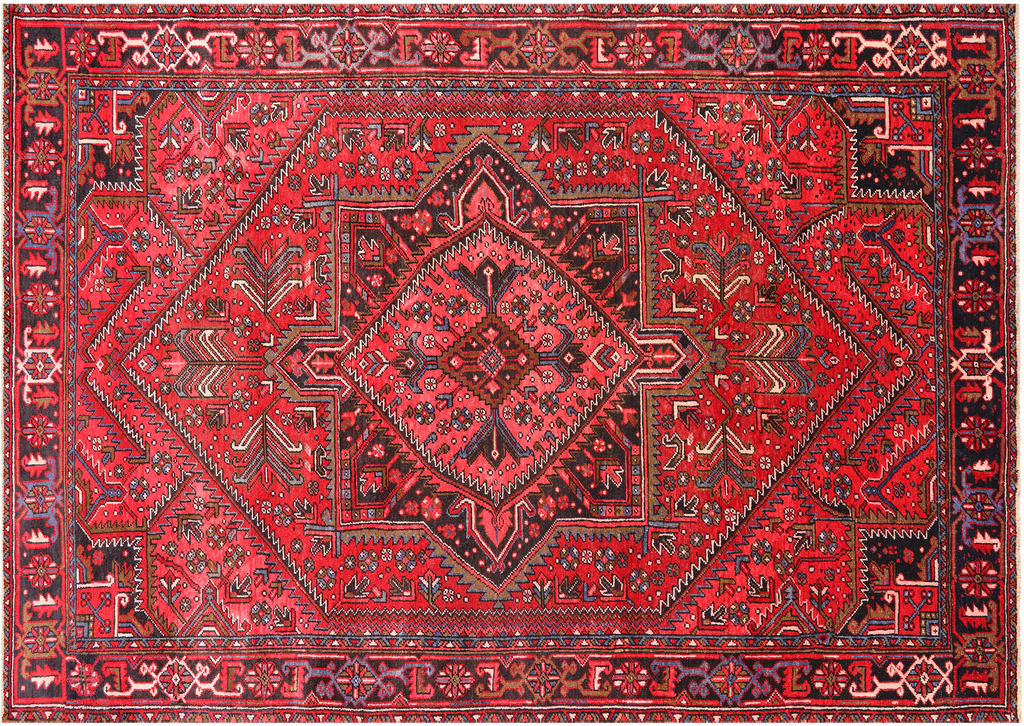 Red 7' 6" X 10' 9" Vintage Persian Heriz Serapi Handmade Wool Rug - Q25084