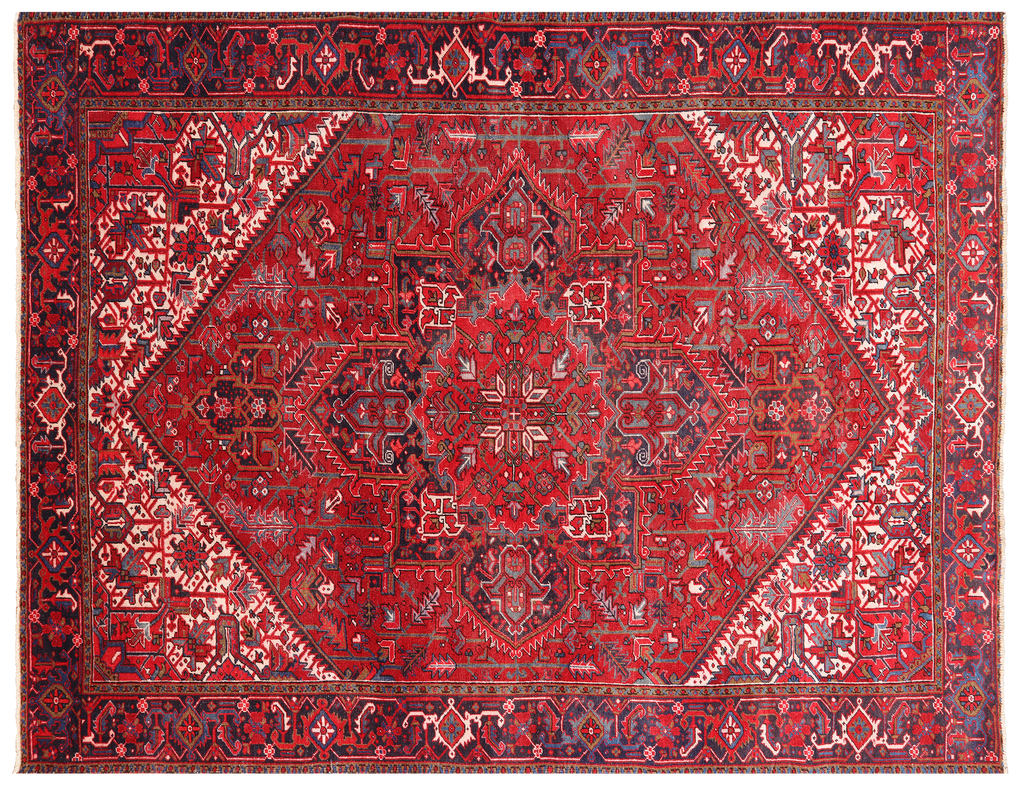 Red 8' 8" X 11' 1" Vintage Persian Heriz Serapi Handmade Wool Rug - Q25085