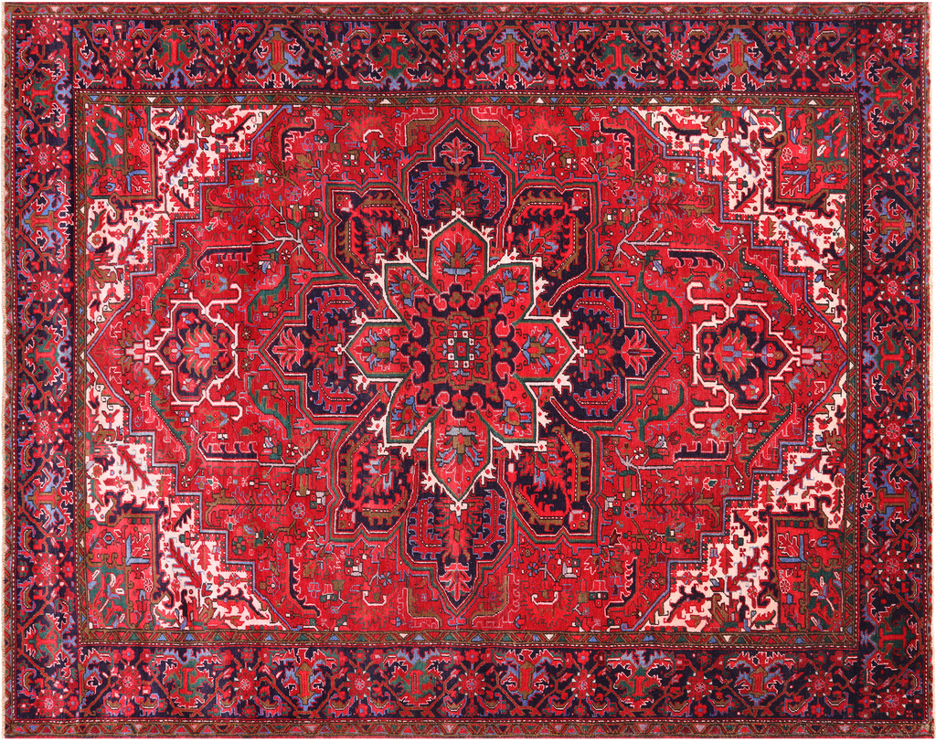 Red 9' 11" X 12' 10" Vintage Persian Heriz Serapi Hand-Knotted Wool Rug - Q25094