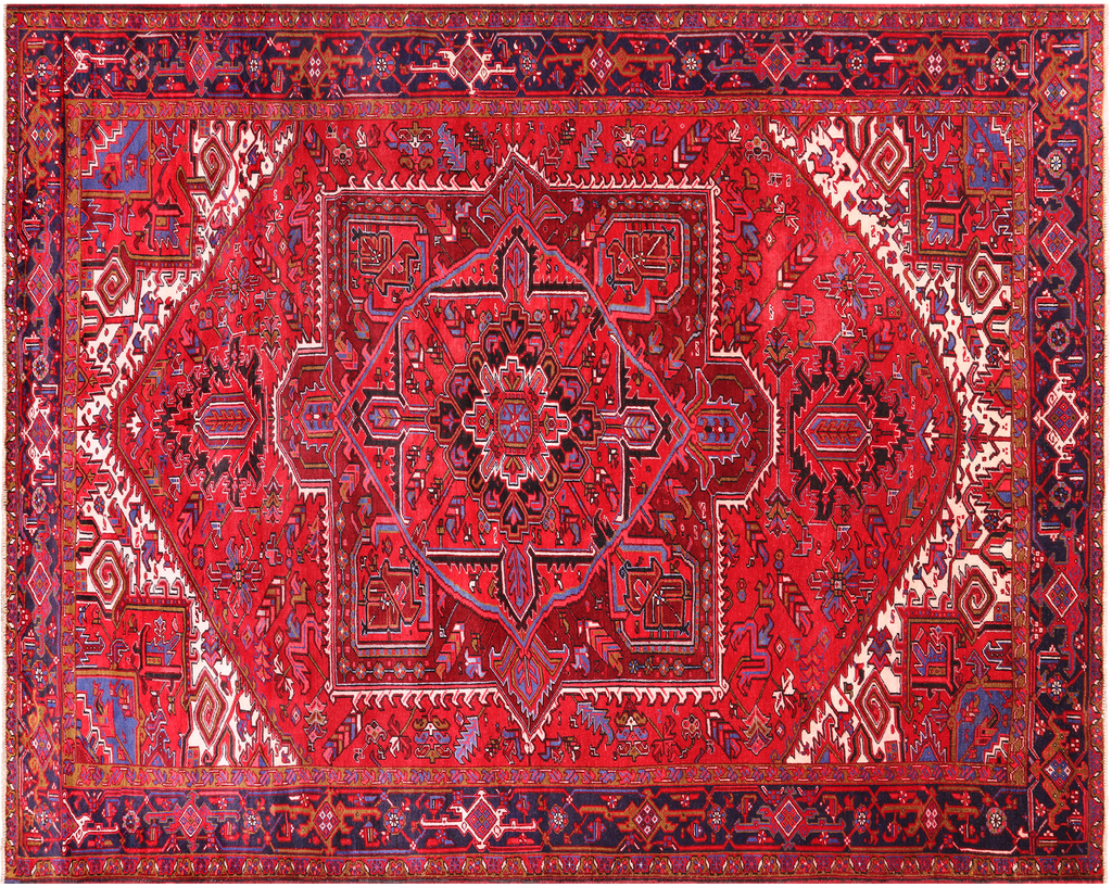 Red 10' 0" X 12' 9" Vintage Persian Heriz Serapi Hand-Knotted Wool Rug - Q25095