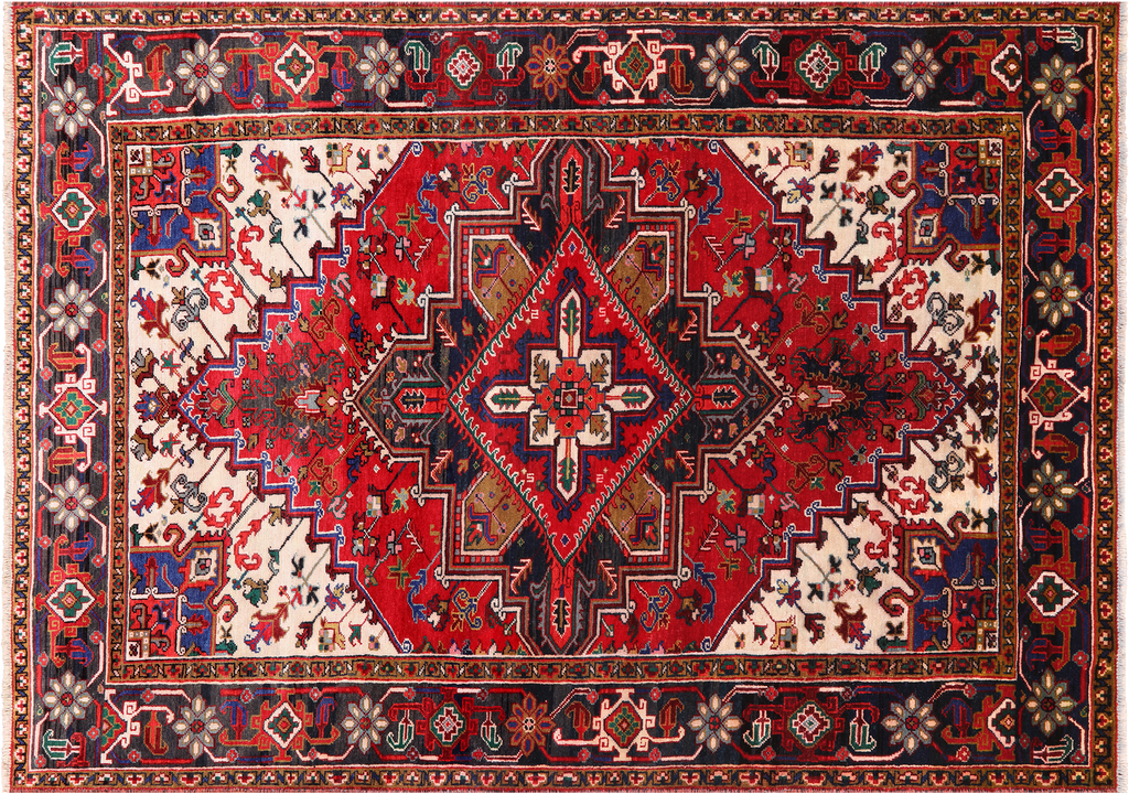 Red 6' 8" X 9' 5" Vintage Persian Heriz Serapi Hand-Knotted Wool Rug - Q25098