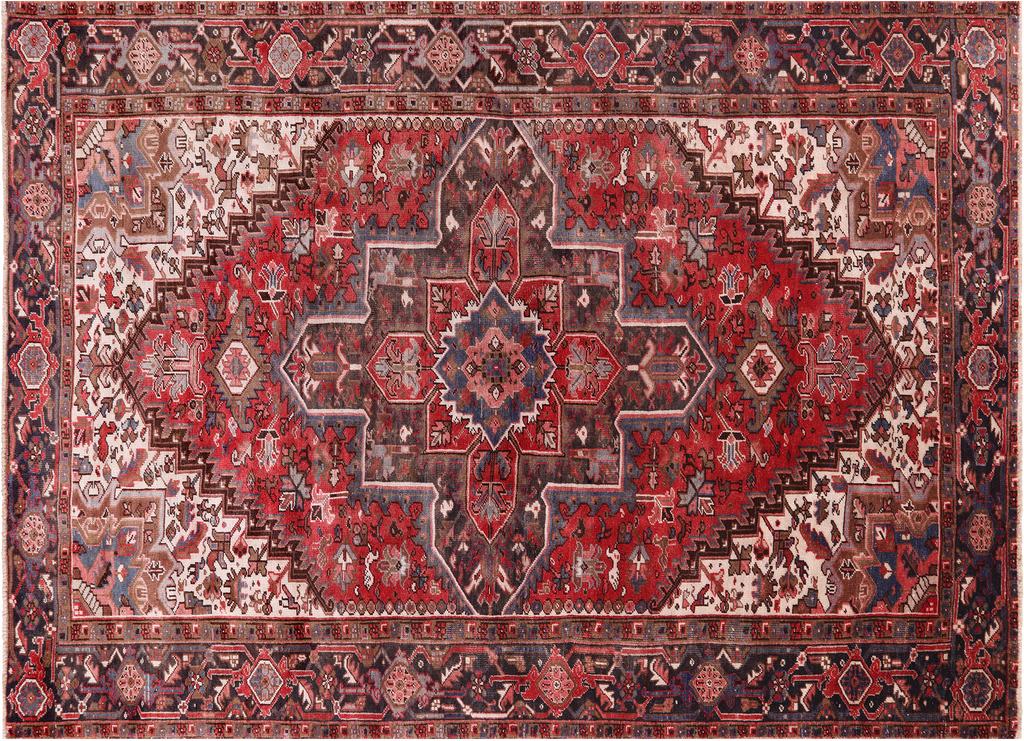 Red 7' 1" X 10' 5" Vintage Persian Heriz Serapi Hand-Knotted Wool Rug - Q25100