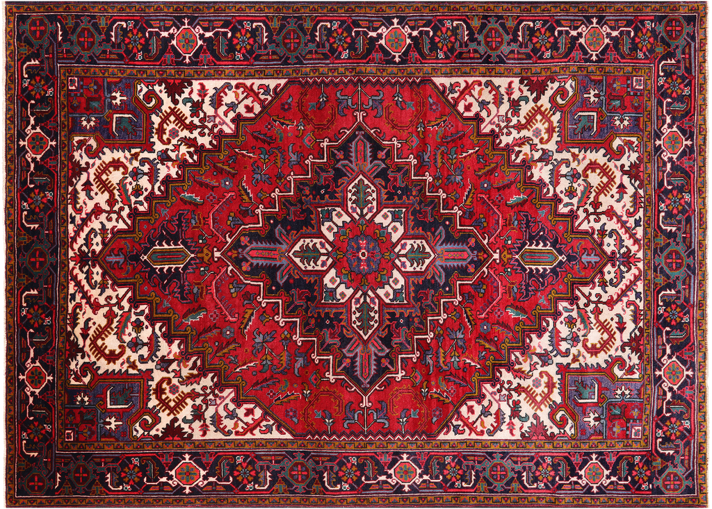 Red 6' 10" X 9' 7" Vintage Persian Heriz Serapi Handmade Wool Rug - Q25101