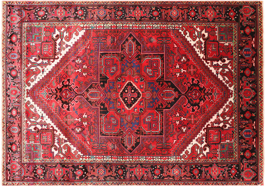 Red 6' 7" X 9' 7" Vintage Persian Heriz Serapi Hand-Knotted Wool Rug - Q25102