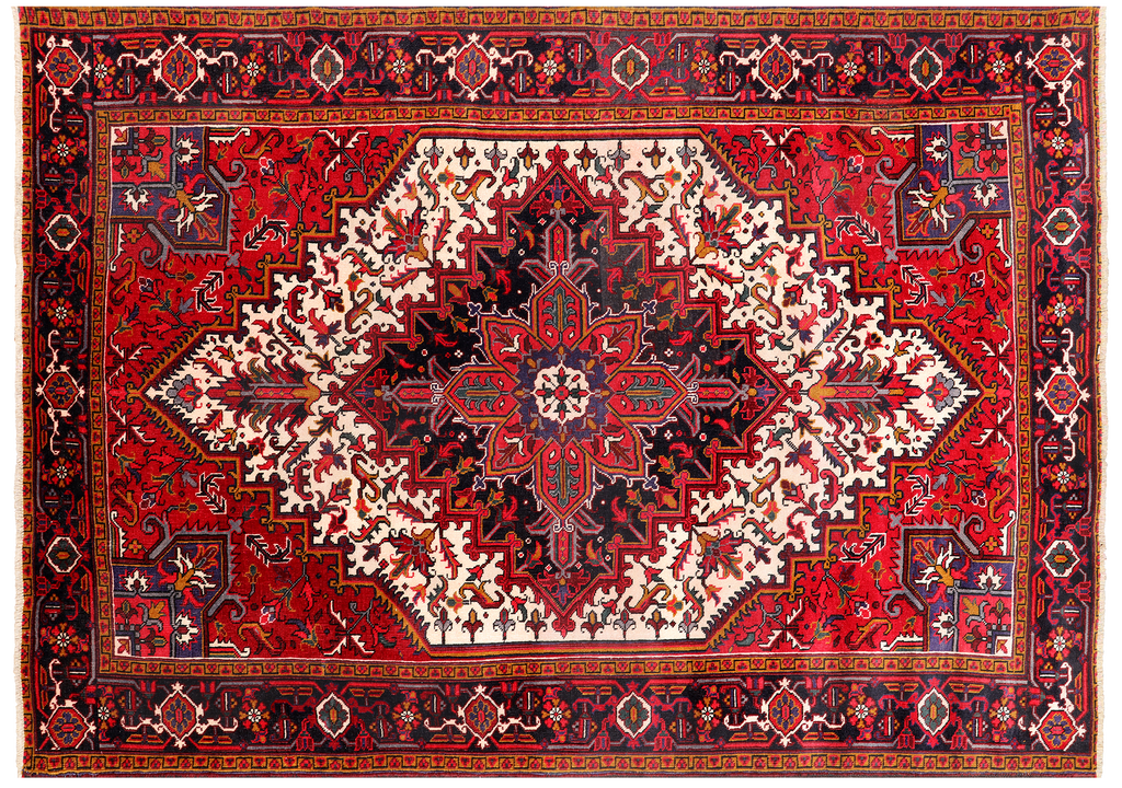 Ivory 6' 8" X 9' 3" Vintage Persian Heriz Serapi Hand Knotted Wool Rug - Q25103