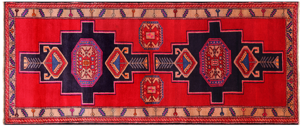Red 4' 2" X 9' 10" Vintage Persian Hand Knotted Wool Runner Rug - Q25108