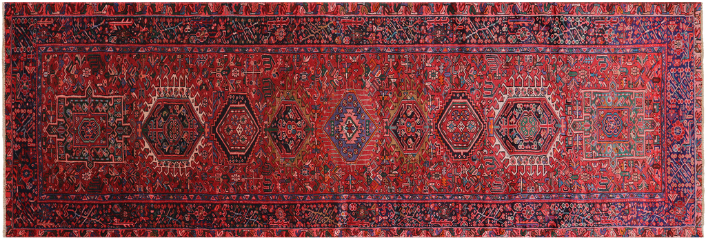 Red 4' 2" X 12' 9" Runner Vintage Persian Heriz Serapi Handmade Wool Rug - Q25112