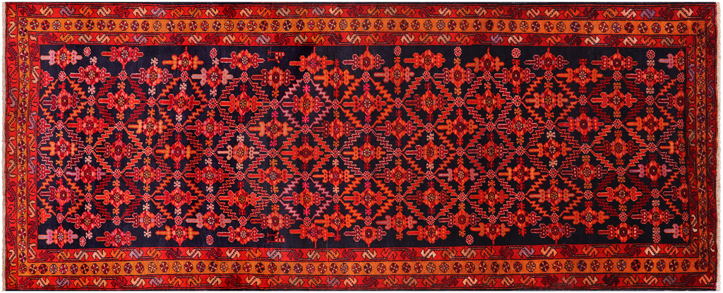 Navy Blue 4' 1" X 10' 3" Runner Vintage Persian Hamadan Handmade Wool Rug - Q25113