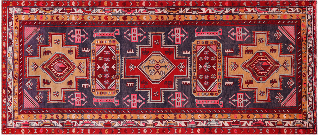 Eggplant Color 4' 2" X 9' 11" Runner Vintage Persian Hand Knotted Wool Rug - Q25117