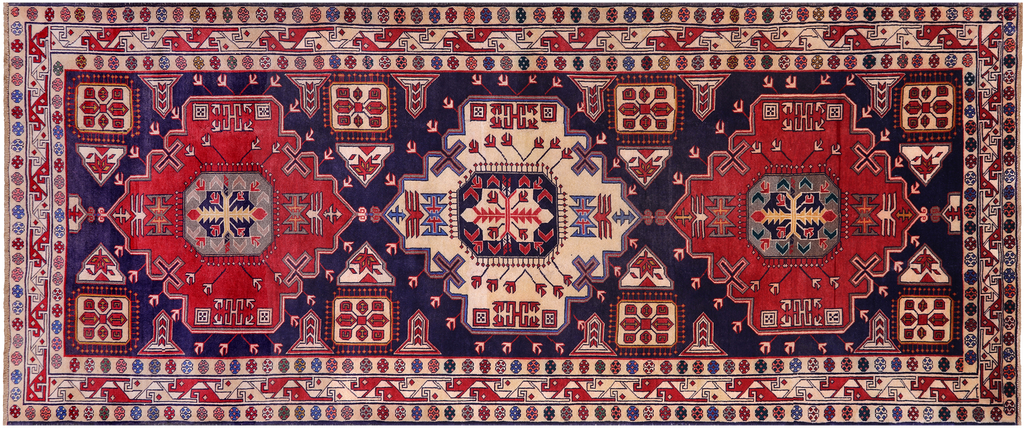 Navy Blue 4' 8" X 11' 1" Vintage Persian Heriz Serapi Handmade Wool Rug - Q25118