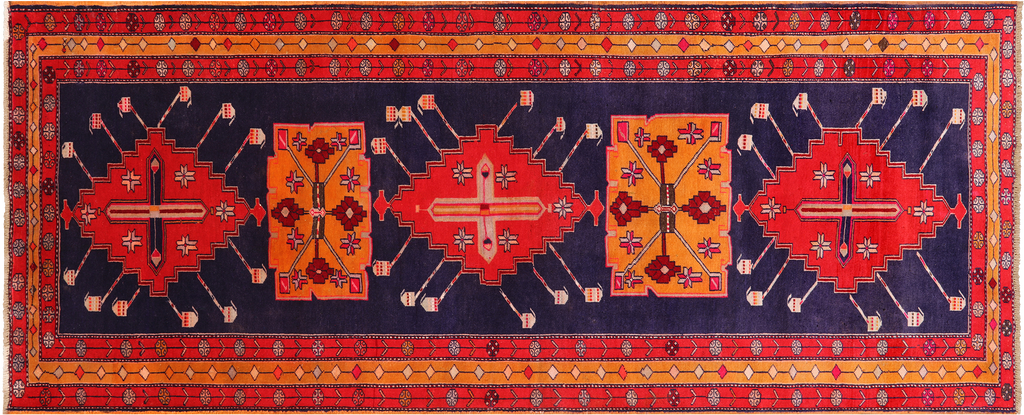 Navy Blue 4' 4" X 10' 8" Runner Vintage Persian Handmade Wool Rug - Q25125