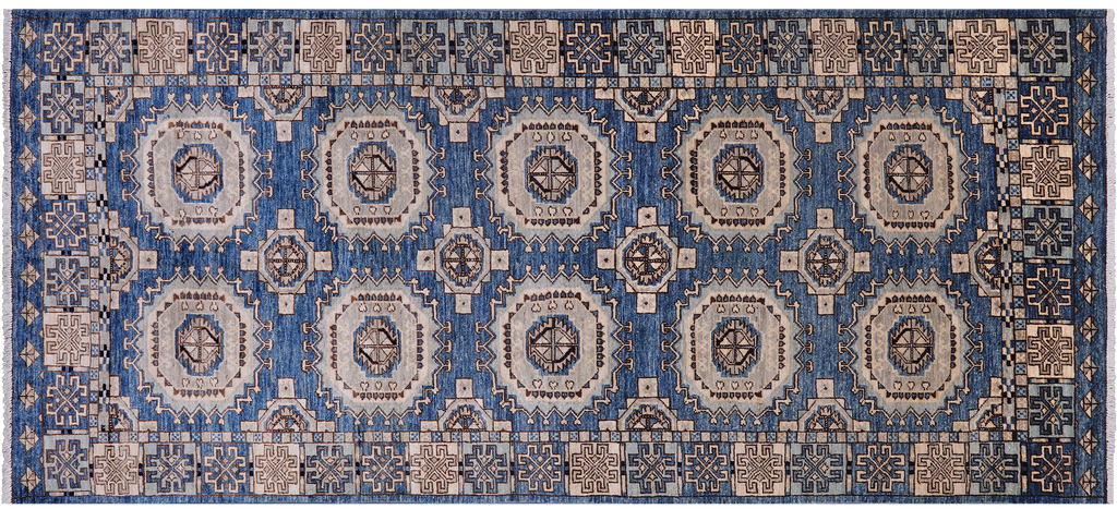 Blue 4' 1" X 9' 6" Runner Super Turkmen Ersari Hand Knotted Wool Rug - Q25140