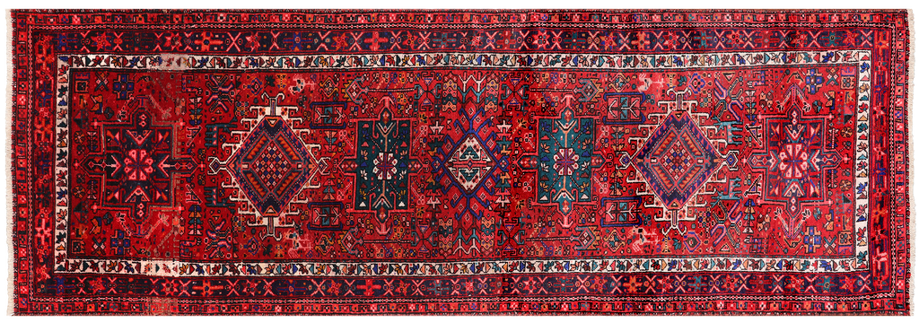 Red 3' 6" X 10' 1" Vintage Persian Heriz Serapi Hand-Knotted Wool Runner Rug - Q25141