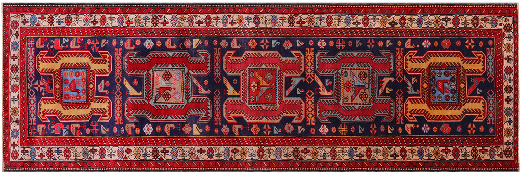 Navy Blue 3' 6" X 10' 7" Runner Vintage Persian Hand Knotted Wool Rug - Q25145