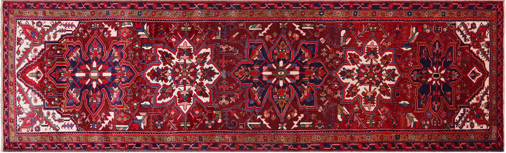Red 3' 5" X 11' 11" Runner Vintage Persian Heriz Serapi Handmade Wool Rug - Q25147