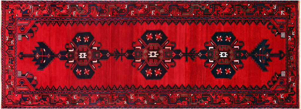 Ruby Red 3' 7" X 10' 2" Runner Vintage Persian Handmade Wool Rug - Q25150