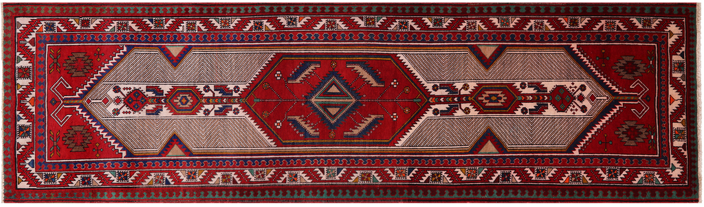 Red 3' 4" X 11' 5" Vintage Persian Handmade Wool Runner Rug - Q25154