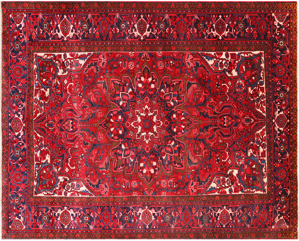 Red 8' 4" X 10' 4" Vintage Persian Heriz Serapi Handmade Wool Rug - Q25168