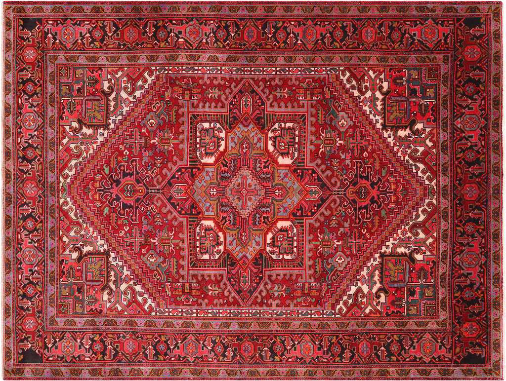 Red 8' 0" X 10' 6" Vintage Persian Heriz Serapi Hand-Knotted Wool Rug - Q25169