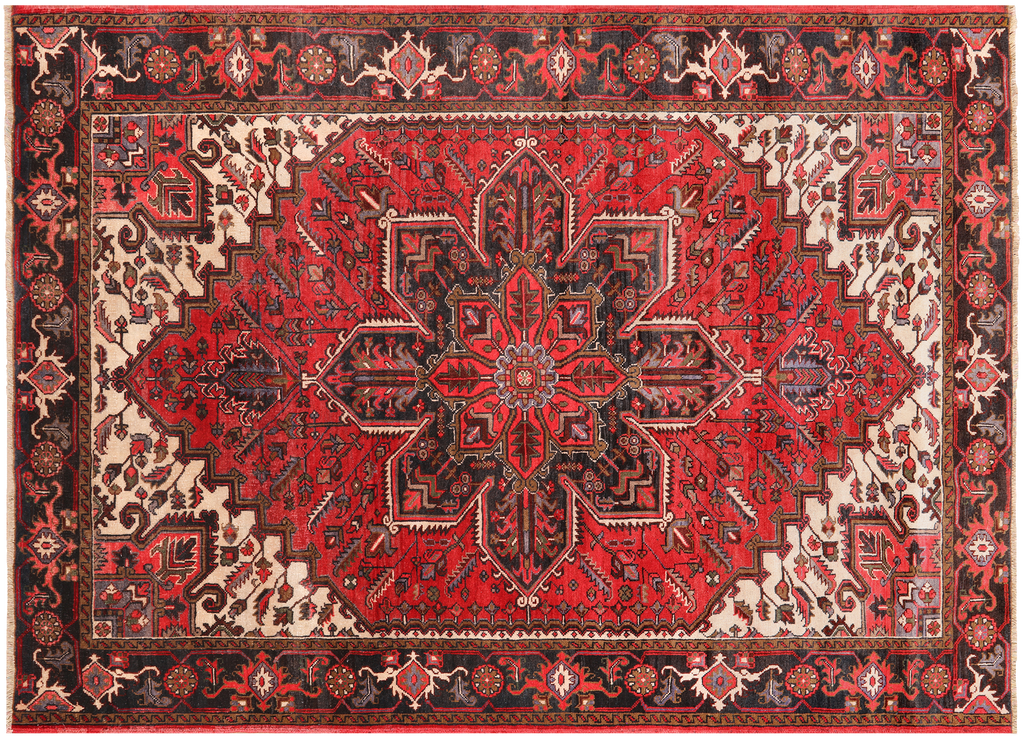 Red 6' 9" X 9' 3" Vintage Persian Heriz Serapi Handmade Wool Rug - Q25170