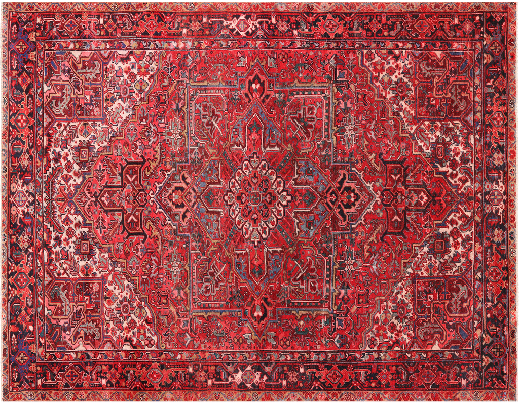 Red 8' 9" X 11' 10" Vintage Persian Heriz Serapi Handmade Wool Rug - Q25173
