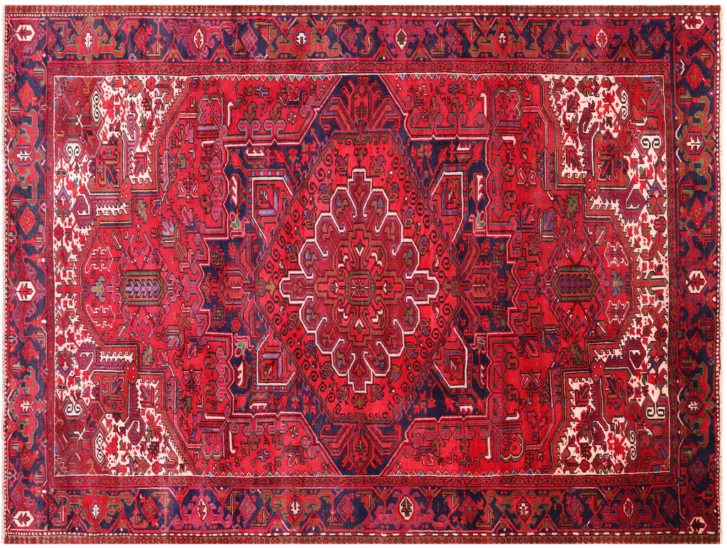 Red 8' 10" X 12' 3" Vintage Persian Heriz Serapi Hand-Knotted Wool Rug - Q25174