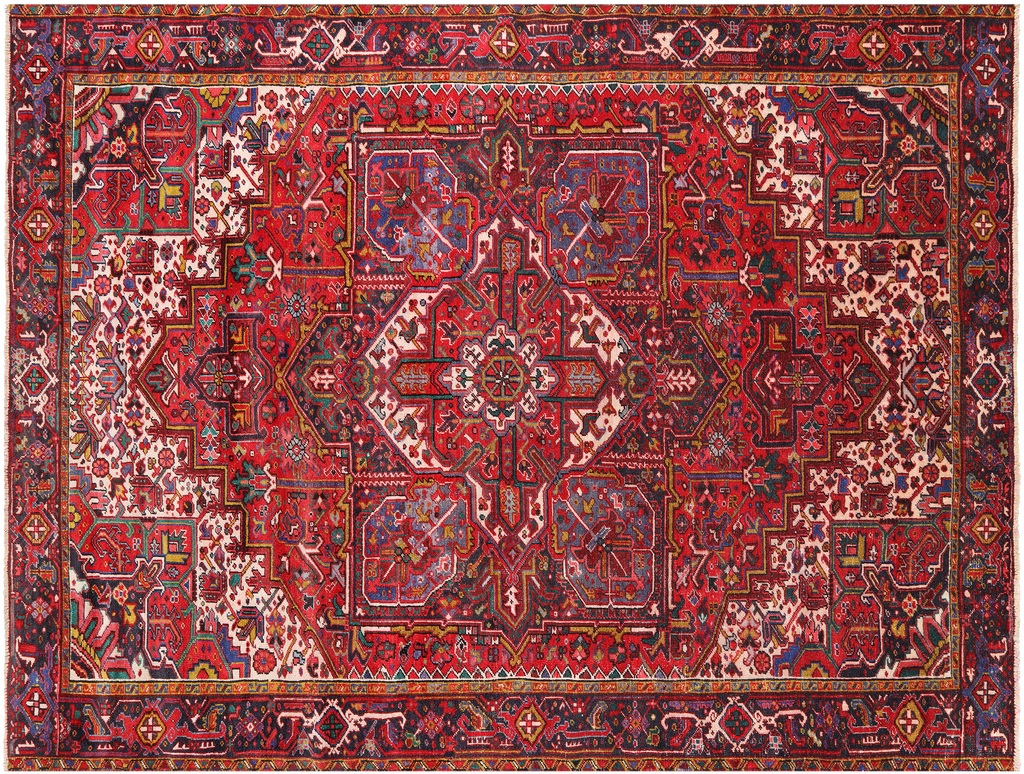 Red 8' 11" X 12' 2" Vintage Persian Heriz Serapi Handmade Wool Rug - Q25175