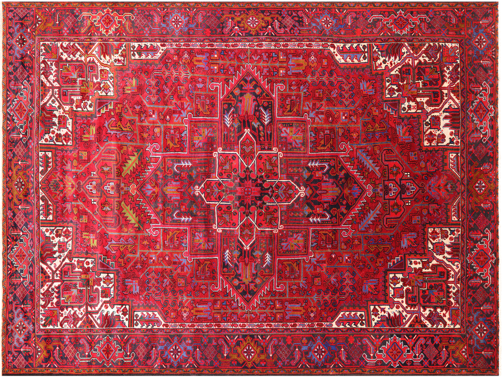Red 9' 7" X 13' 3" Vintage Persian Heriz Serapi Hand Knotted Wool Rug - Q25176