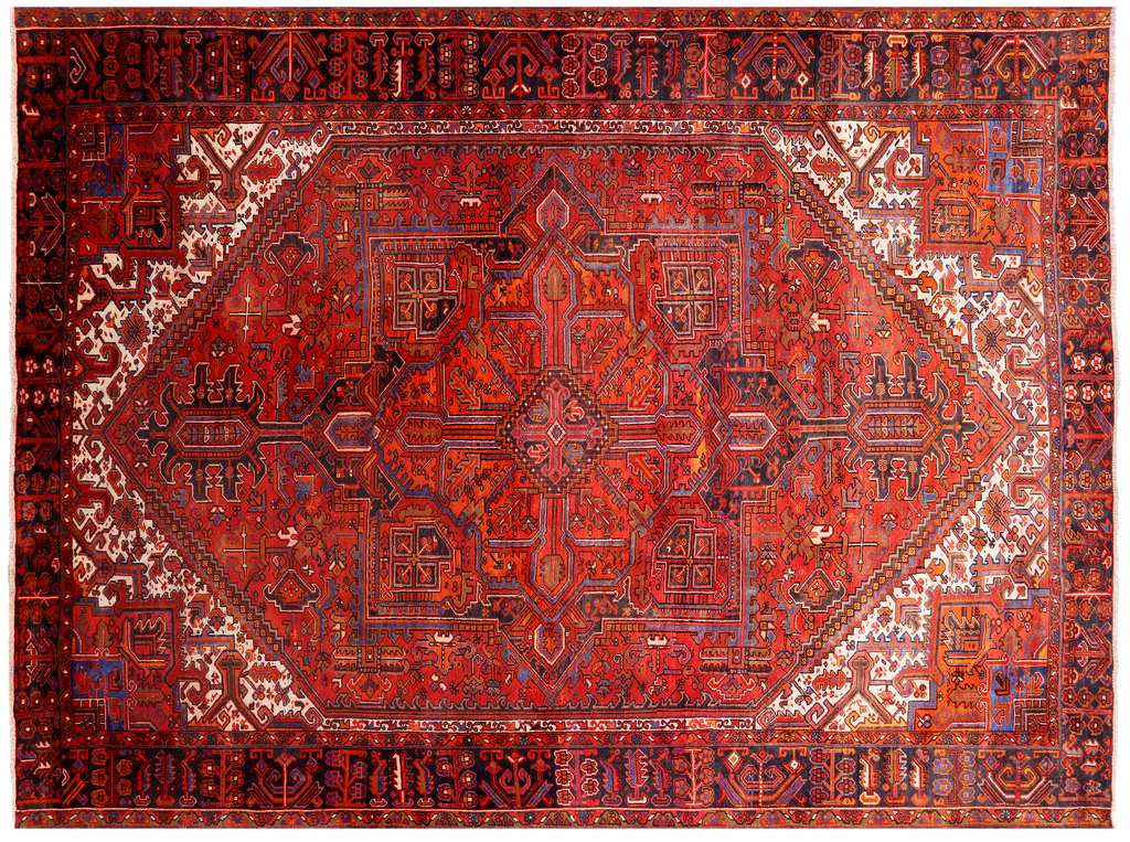 Red 9' 6" X 12' 7" Vintage Persian Heriz Serapi Handmade Wool Rug - Q25177