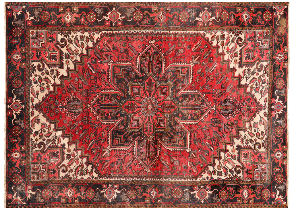 Red 6' 7" X 9' 3" Vintage Persian Heriz Serapi Handmade Wool Rug - Q25185