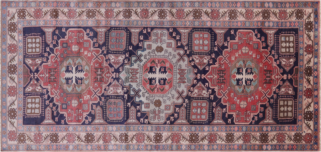 Navy Blue 4' 10" X 10' 4" Vintage Persian Handmade Wool Rug - Q25189