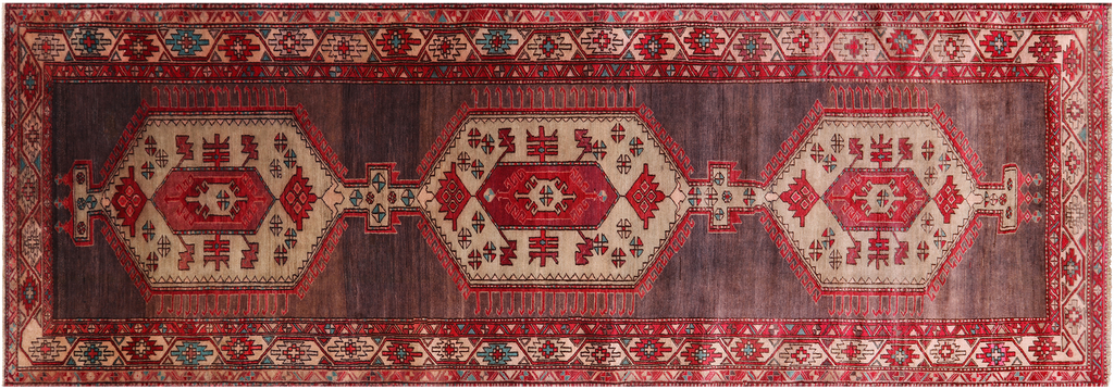 Brown 3' 11" X 11' 6" Vintage Persian Handmade Wool Runner Rug - Q25192