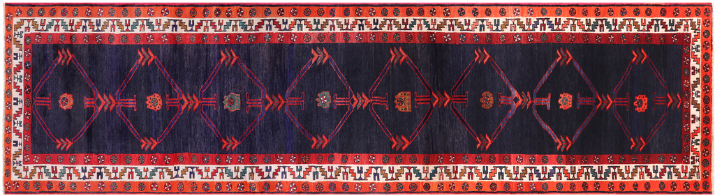 Navy Blue 3' 8" X 14' 5" Runner Vintage Persian Handmade Wool Rug - Q25201