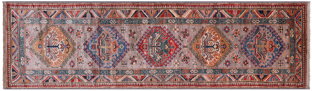 Grey 2' 7" X 9' 1" Super Kazak Hand-Knotted Wool Runner Rug - Q25206