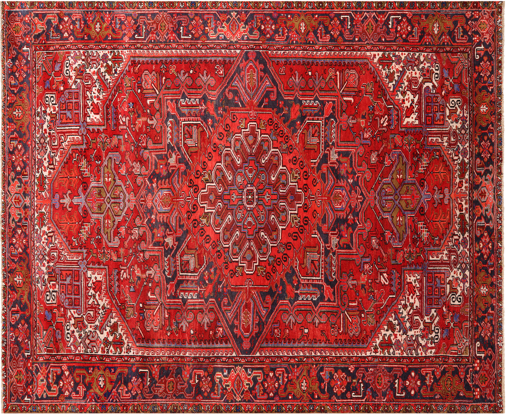 Red 10' 1" X 12' 7" Vintage Persian Heriz Serapi Hand Knotted Wool Rug - Q25210