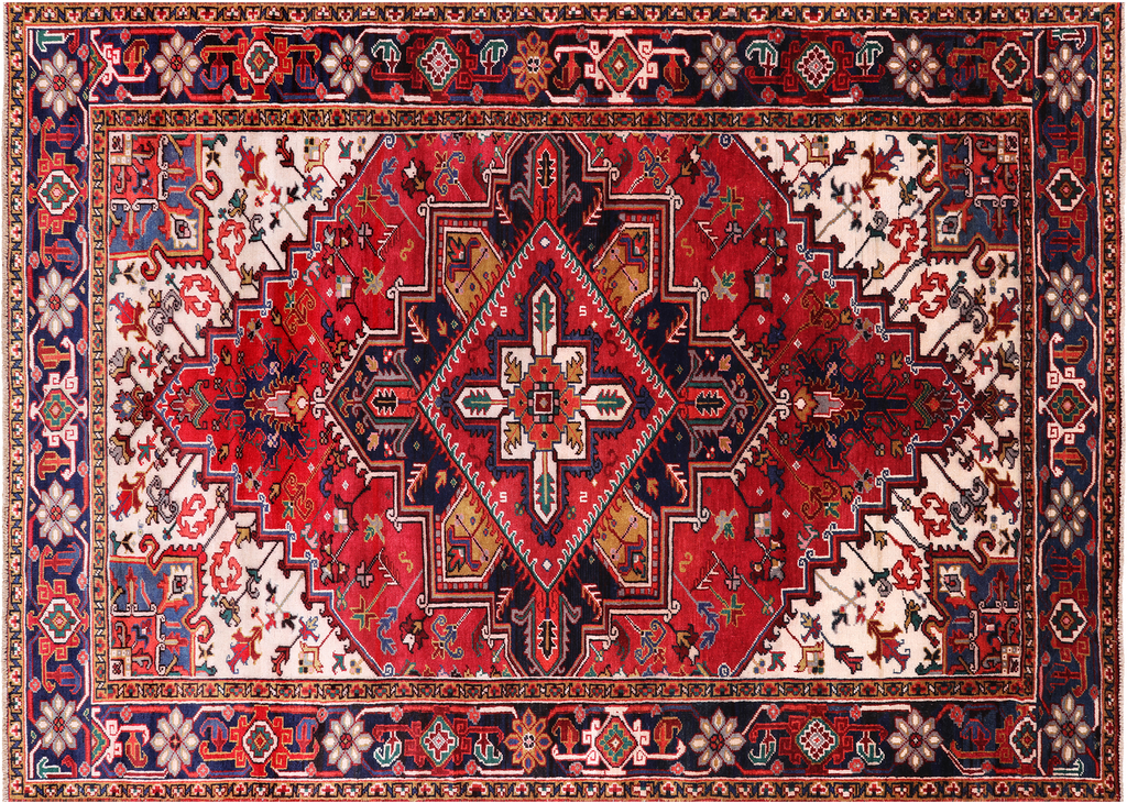 Red 6' 6" X 9' 4" Vintage Persian Heriz Serapi Hand Knotted Wool Rug - Q25214