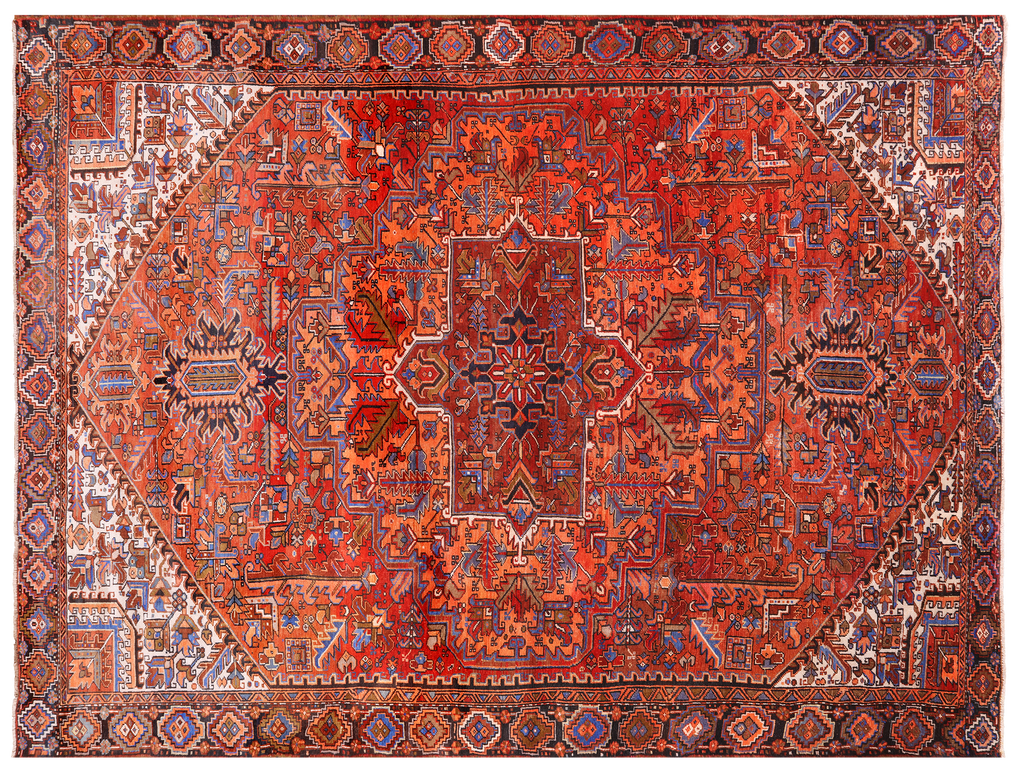Orange 9' 2" X 12' 1" Vintage Persian Heriz Serapi Hand-Knotted Wool Rug - Q25219