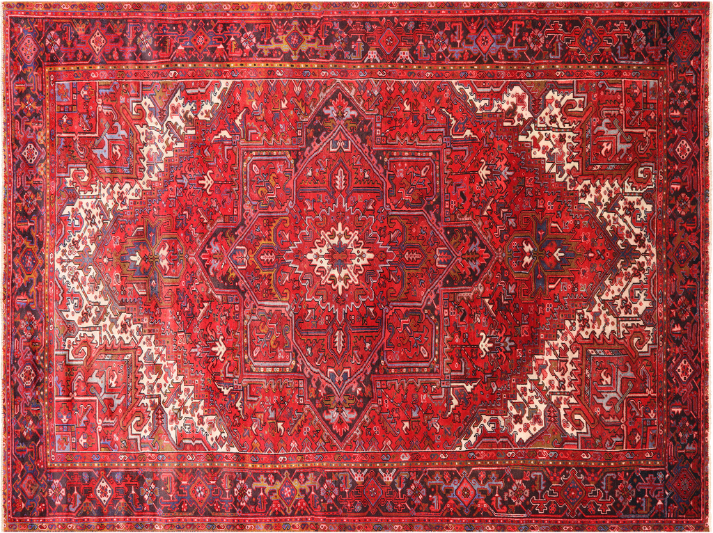 Red 9' 3" X 12' 7" Vintage Persian Heriz Serapi Hand Knotted Wool Rug - Q25220