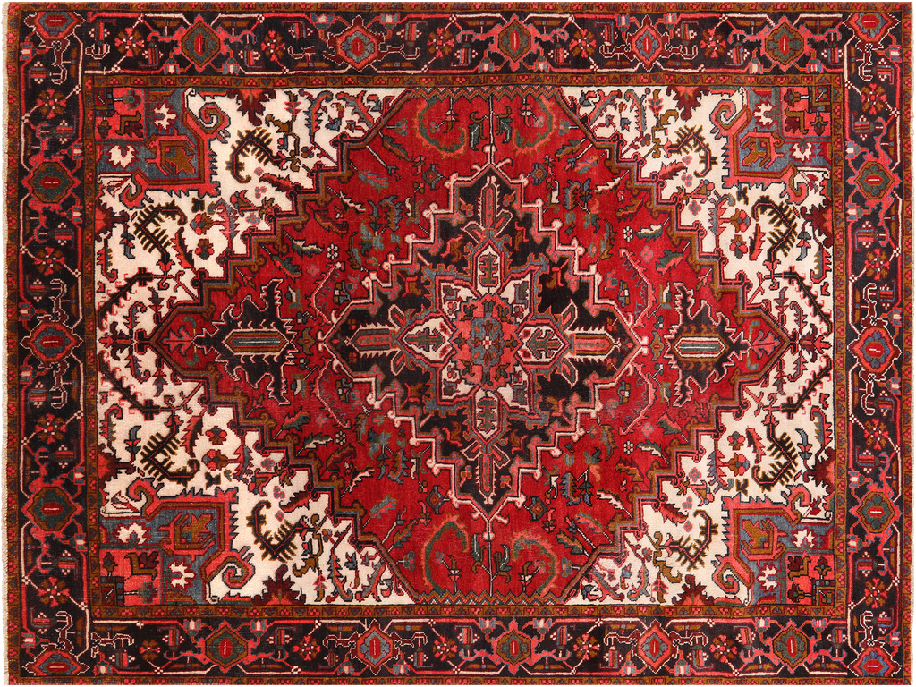 Red 6' 6" X 9' 1" Vintage Persian Heriz Serapi Handmade Wool Rug - Q25224