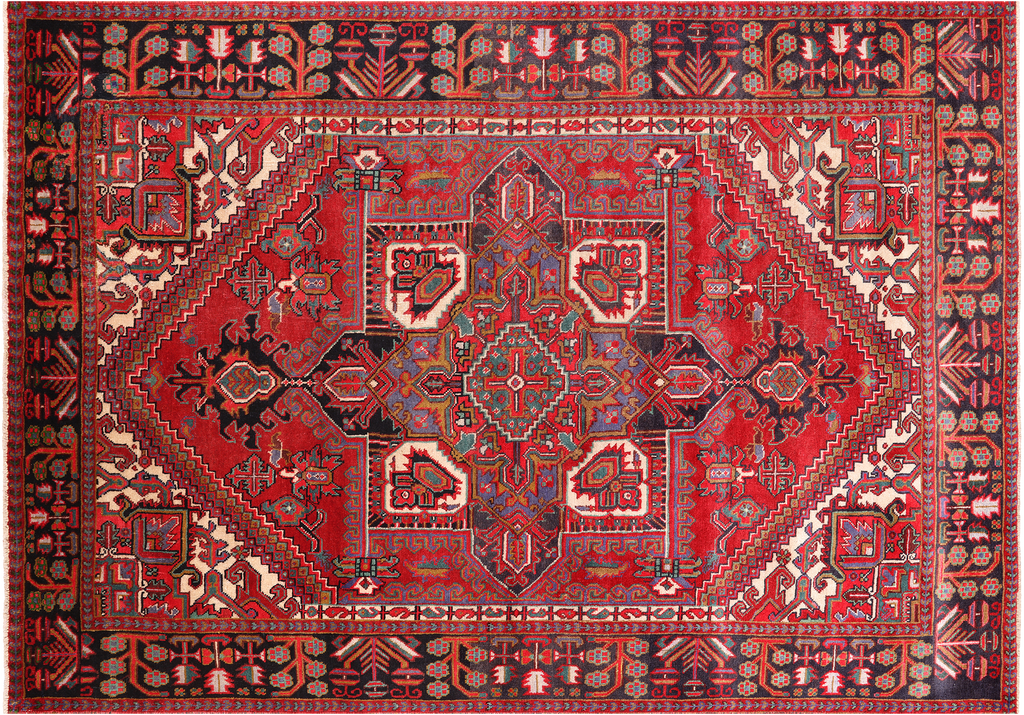 Red 6' 10" X 9' 11" Vintage Persian Heriz Serapi Hand Knotted Wool Rug - Q25225